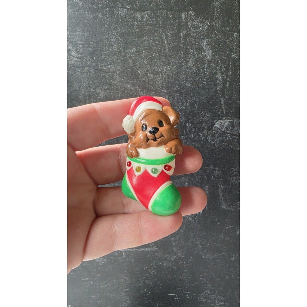 Christmas Dog In Stocking Brooch Vintage READ Description NOT Working